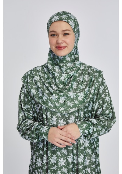 Manolyaşal İslamic Hijab Pratik Tek Parça Manolya Desenli Namaz Elbisesi Haki