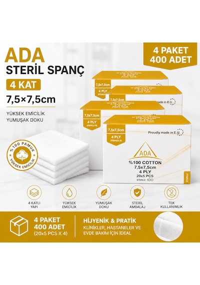 Ada Steril Spanç 4 Kat 7,5 x 7,5cm 100'Lü 4 Paket