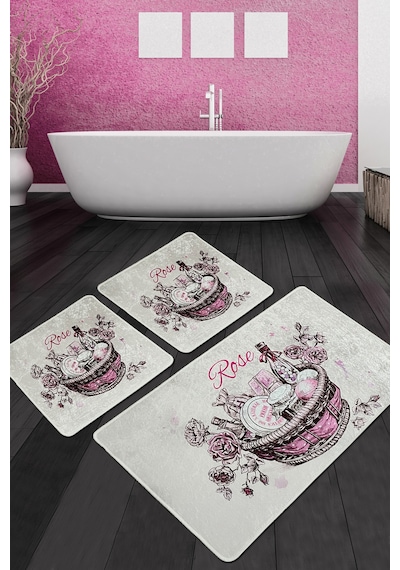 Rose Basket Banyo Halısı Djt 3 Lü Set Beyaz - Pembe