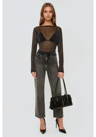 Hiccup Lurex Transparan Uzun Kollu Fit Bluz Siyah