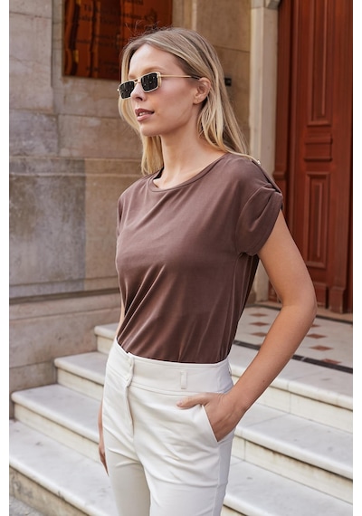 Jument Kadın Modal Penye Geniş Sıfır Yaka Düşük Omuzlu Apoletli Kısa Kol T-shirt Bluz-kahve Kahve Jument Kadın Modal Penye Geniş Sıfır Yaka Düşük Omuzlu Apoletli Kısa Kol T-shirt Bluz-kahve Kahve