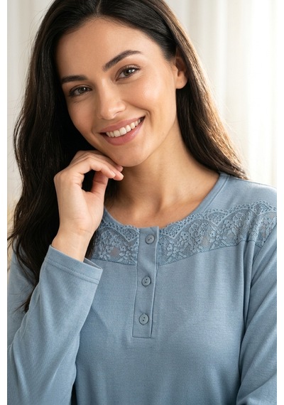 Aura Collections Kadın Dantelli Bambu Viskon Uzun Kollu Mevsimlik Soft Örme Pijama Takımı Turkuaz