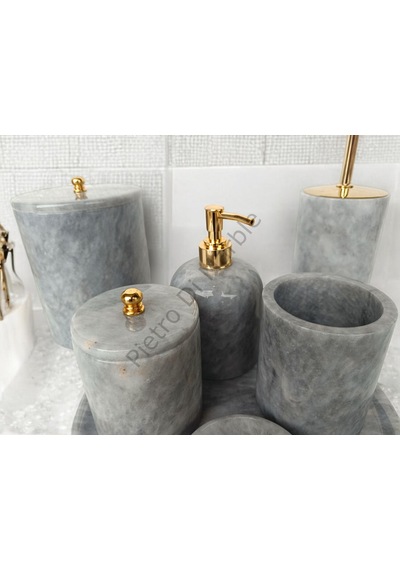 Gri Mermer Klasik Model 7 Parça Gold Renk Düğme Aksesuarlı Banyo Seti Gri
