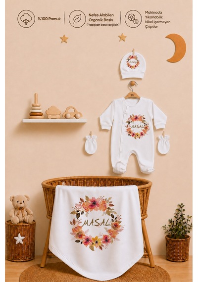 Pia Baby Kız Bebek İsimli %100 Pamuk Hastane Çıkışı 6 Parça Tulum Şapka Eldiven Hediye Seti 2077tybk0x Krem
