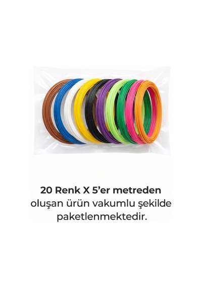Vakumlu Pla Filament 20 Renk 5 Metre Toplam 100m. Karışık Renkler