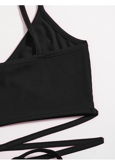 Liona V Yaka Askılı İpli Siyah Renk Fitilli Super Crop Top Büstiyer Siyah