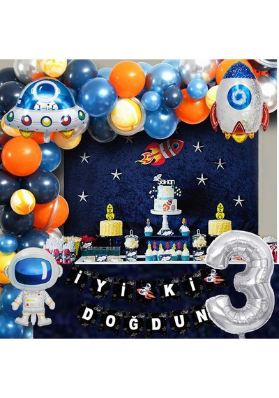 Uzay Temalı Doğum Günü Seti 3 Yaş ; 4 Adet Folyo Balon, 60 Adet Lateks Balon, Banner, Balon Zinciri ve Balon Bandı