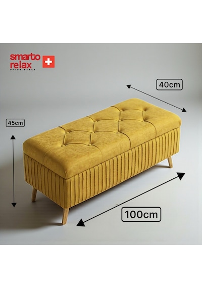 Smarto Relax Swiss Style Puf , Appenzell Kapitonesandıklı Puf, Babyface Kaplama, 100x40x45 Cm, Ahşap Ayaklı ,sandıklı Dekoratif Puf Sarı