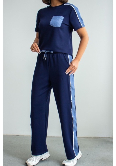 Ded Collectıon Kadın Kısa Kol Denim Görünümlü Şerit Detaylı Süs Cepli Modal Takım Lacivert
