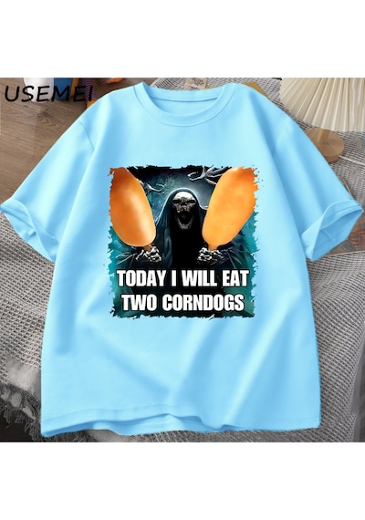 Flood Of Style Kötü İskelet Meme T Shirt Kadın Erkek Bugün Ben İki Mısır Köpekler Yiyecek Tshirt Boy Pamuk K Mavi