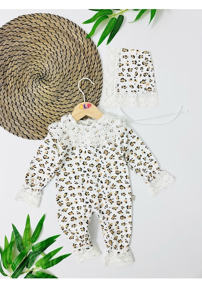 Alpbebe Laos Fisto Detaylı Leopar Desen Arkadan Çıtçıtlı Mevsimlik Tulum Set - Beyaz Beyaz