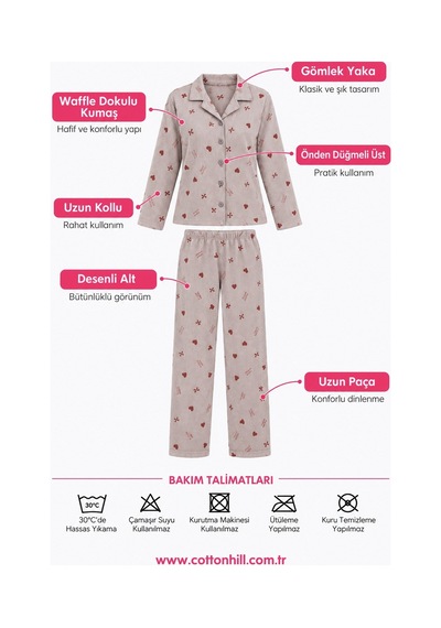 Cottonill Vizon Desenli Waffle Dokulu Gömlek Yaka Düğmeli Uzun Kollu Kadın Pijama Takımı Cottonill Vizon Desenli Waffle Dokulu Gömlek Yaka Düğmeli Uzun Kollu Kadın Pijama Takımı