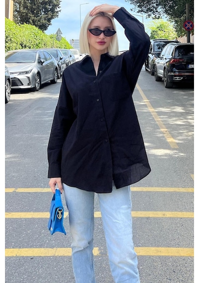 Madmext Siyah Oversize Basic Cepli Poplin Gömlek Mg1530 Siyah