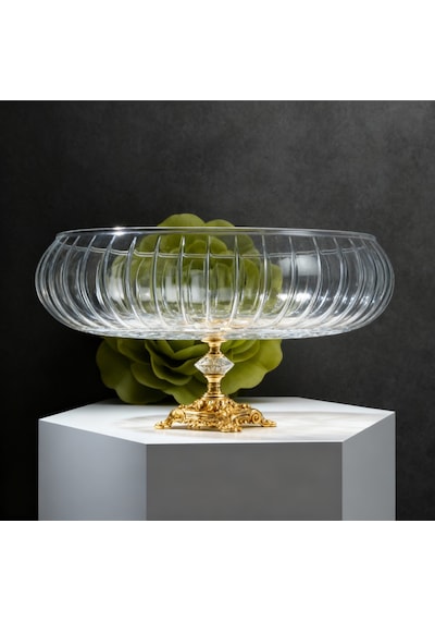 Elta Collection Lotus Kristal 24 Cm Kesme Dekor Metal Ayaklı Salata Kasesi Cam Sunumluk- Servis Tabağı Gold
