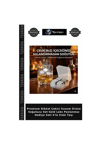 Premium Dikkat Çekici Sunum Ürünü Soğutucu Set Gold Lüks Paslanmaz Hediye Seti 4'lü Viski Taşı Altın