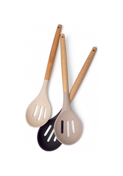 Deconox Bambu Saplı Silikon Delikli Servis Kaşığı, Bambu Uzun Silikon Delikli Servi Kaşığı 27cm 3 Renk Seçenek