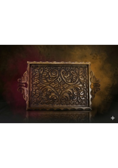 Ahşap Ceviz Oyma İşlemeli Tepsi 24x32