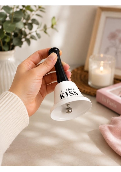 El Çanı Dekoratif Masa Zili Ring For A Kiss Tasarımlı Romantik Hediye 13 Cm Çan Zil Beyaz