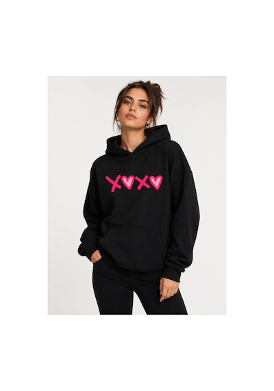 Herkesemoda Xoxo Baskılı Kapüşonlu 2 İplik Şardonlu Sweatshirt Siyah