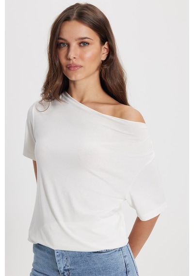 Tudors Kadın Oversize Rahat Kesim Asimetrik Yaka Kısa Kol Ekru Viskon Bluz-50856