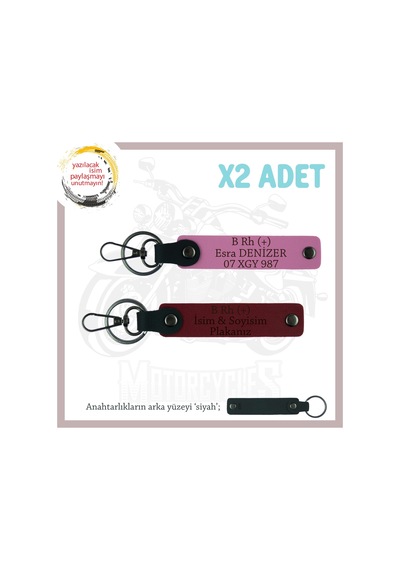 Özel İsim Plaka Ve B Rh + Kan Grubu Yazılı Anlamlı Hediye, Deri X2 Anahtarlık Set, Pembe-bordo-syh