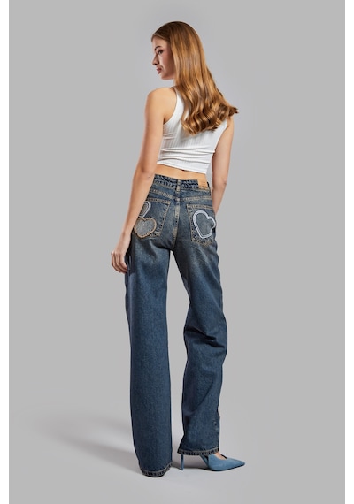 it's basic Kadın Kot Rengi Parlak Taşlı Kalp Detaylı Bol Kesim Tasarım Denim Jean Mavi