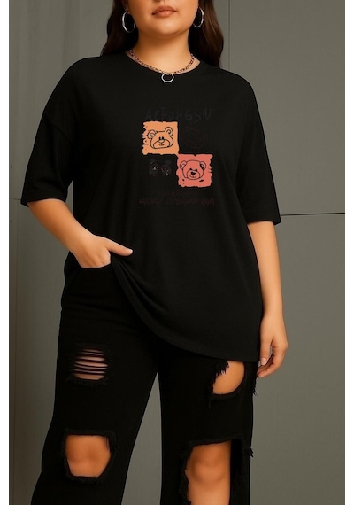 Benroma Büyük Beden Aef Ayıcık Baskılı Unisex Tişört Çok Renkli