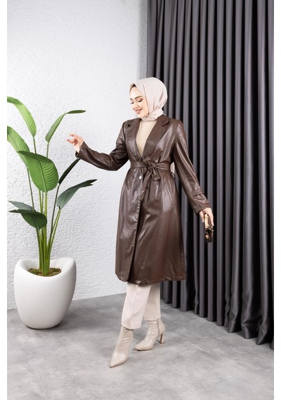 Harman Butik Kadın Deri Cepli Kuşaklı Trençkot Kahverengi Kahverengi