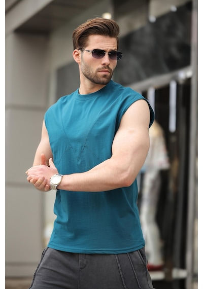 Madmext Petrol Mavisi Kolsuz %100 Pamuklu Basic Erkek T-shirt E7137 Petrol Mavisi