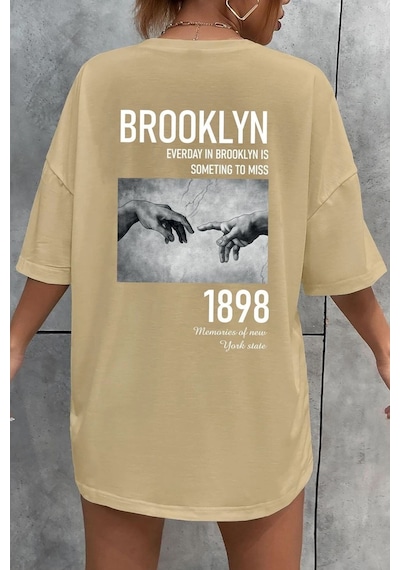 Flood Of Style Unisex 1898 Brooklyn Baskılı T-shirt Bej