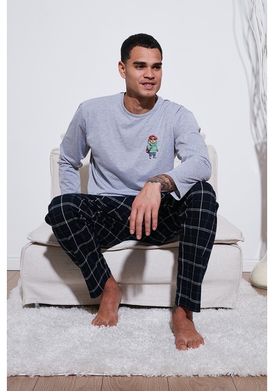 Buratti Ekoseli Regular Fit Yüksek Bel Cepli Bisiklet Yaka Erkek Pijama Takımı 6574002 Gri