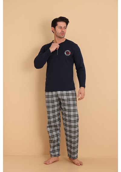 Wordex Flk 7014 İnterlok Kışlık Ekose Pijamalı Erkek Pijama Takımı Lacivert