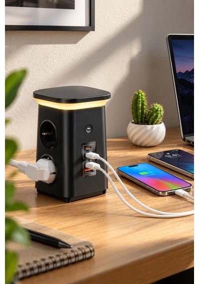 Çoklu Akım Korumalı Masaüstü Priz 4 Priz, 2 Usb-c + Usb-a, Pd 20w & Qc 18w Hızlı Şarj, 3680w, Led Aydınlatmalı 1.9 M