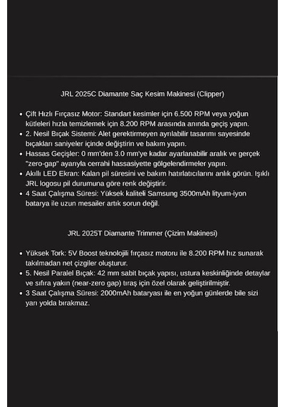Jrl Diamante Collection Profesyonel Saç Kesim Ve Çizim 8200 Rpm Tıraş Makinesi Seti Siyah