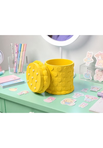 3d Baskı Kabartma Kalp Desenli Kapaklı Kalemlik - Masaüstü Organizer - Sarı Çok Renkli