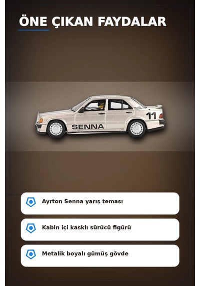 Ayrton Senna Logolu 1/64 Diecast Mercedes 190e Model Araba - Blisterli Paket Bx-313360