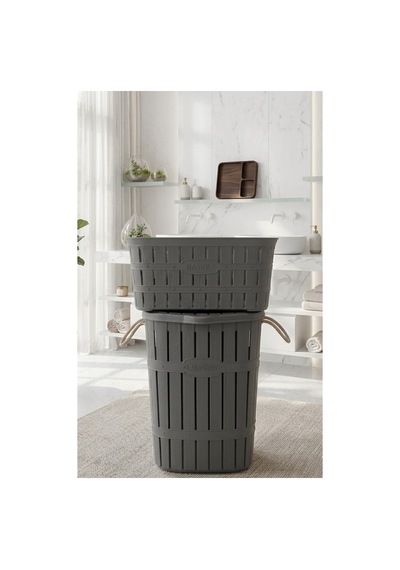 64lt+40lt Antrasit Bambu Görünümlü Halatlı Kirli Çamaşır Sepeti&temiz Çamaşır Sele 2'li Banyo Seti Gri - 833547039 Gri
