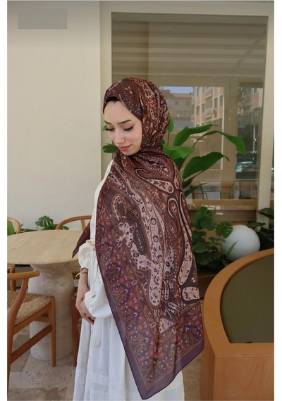 Premium Lux Original Etnik Desen Şal Vual İpek, 1. Sınıf, Hafif, Rahat, Şık, Tesettür Giyim Kahverengi