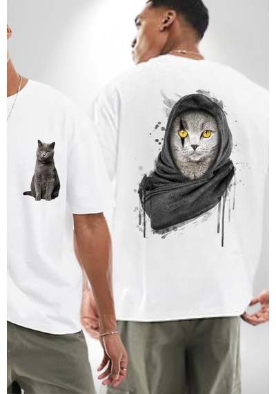 Safari Kedi Şal Eşarp Beyaz Oversize Unisex Ön Ve Sırt Baskılı Tişört Beyaz