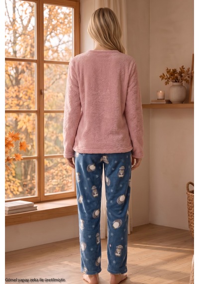 Siyah İnci Pudra Nakışlı Üst Wellsoft Alt Polar Kışlık Örme Pijama Takım 26221728