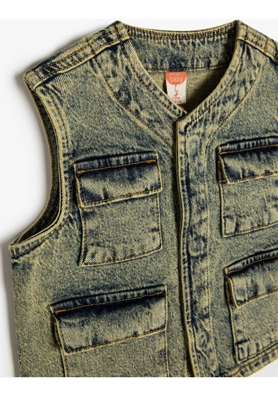 Koton Biker Kot Yelek Kolsuz Kapaklı Cepli Orta İndigo 4smb60005td