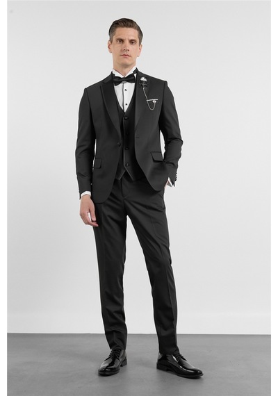 İmza Siyah Mono Yaka Düz Desen 6 Drop Slim Fit Esnek Takım Elbise 1001260201