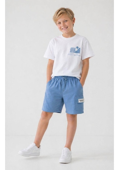 Miniko Kids Erkek Çocuk Kargo Cepli Pamuk Şortlu Takım Beyaz