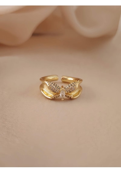 Kelebek Model Zirkon Taşlı Ayarlanabilir Gold Altın Renkli Yüzük Gold