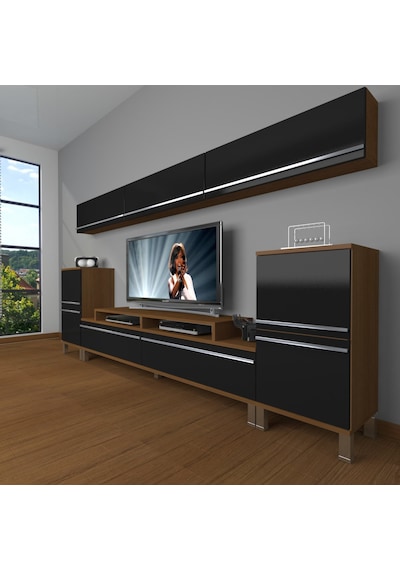Decoraktiv Ekoflex 9 Mdf Krom Ayaklı Tv Ünitesi Tv Sehpası Ceviz - Siyah
