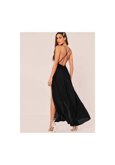 Butik İstanbul Kadın Ip Askılı Kruvazeli Yırtmaç Detaylı Yerli Krep Uzun Elbise Siyah