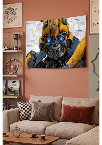 Sarı Robot Savaşçı Teknik Çizim Blueprint Dekoratif Duvar Örtüsü Duvar Halısı Beyaz