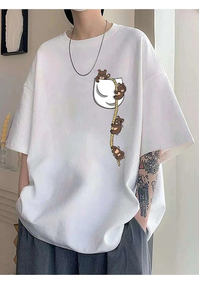 Startmore Cep Ayıcık Baskılı Oversize Unisex Pamuk Beyaz