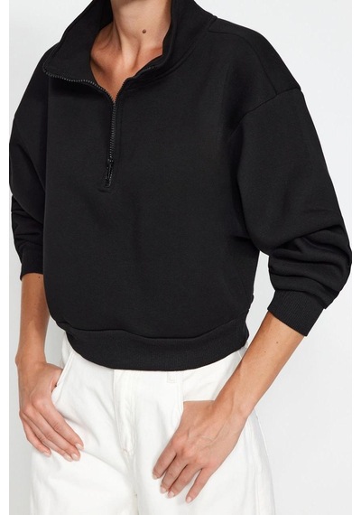 Ersefa Fitted Fermuarlı Yaka Crop Rahat Kesim Crop Basic Fermuarlı Kalın siyah