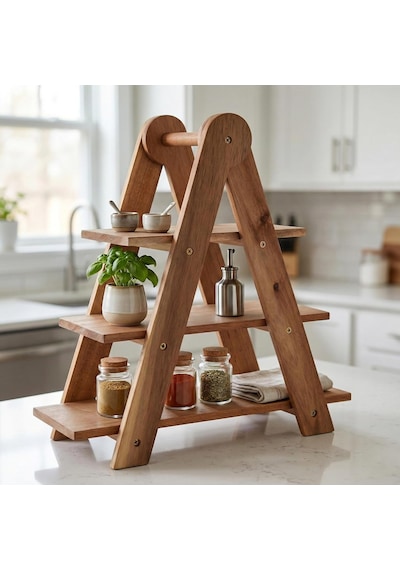 Doğal Akasya Ahşap 3 Katlı Sunum Standı - 37x12.3x37.5 Cm Çok Amaçlı Katlı Servis Tepsisi, Kurabiyelik Ve Peynir Sunumluğu Çok Renkli
